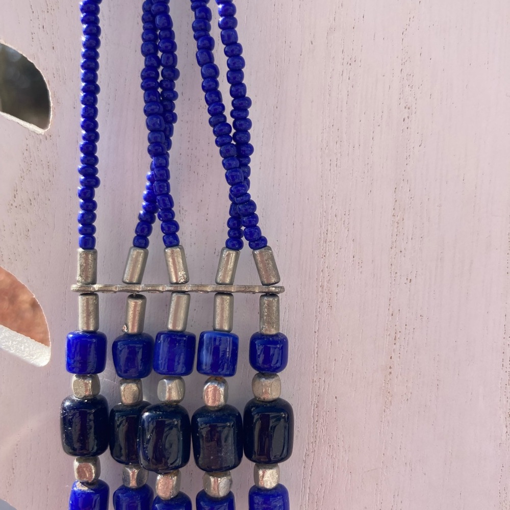 Tribal Style Necklace Blue Black Silver beads 22” - Picture 4 of 10